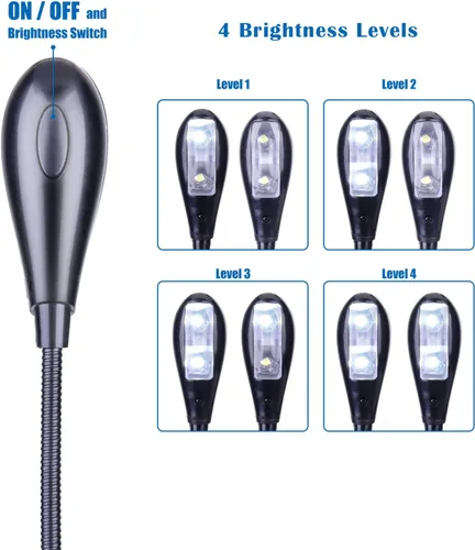 Miniatura 4 de Luz de soporte de música, paquete de 1/2/4/10 luces LED de libro, funciona con batería USB y AAA, lámpara de lectura en la cama, 4 niveles de Negro
