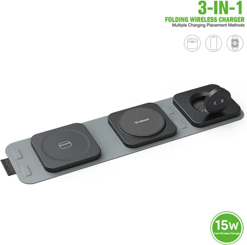 Miniatura 3 de Cargador de viaje inalámbrico 3 en 1 para iPhone, Airpods, Apple Watch - 15 W, 5 W, 2.5 W, para reloj de teléfono inteligente, compacto, plegable