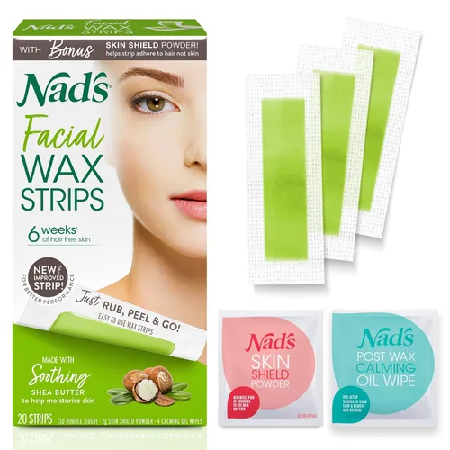 Nad's Tiras de cera facial, hipoalergénicas para todo tipo de piel, depilación facial para mujeres, kit de depilación en casa con 20 tiras de cera
