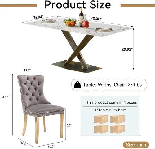 Miniatura 9 de Juego de mesa de comedor de mármol blanco de lujo para 4, 70 pulgadas, mesa de comedor de mármol blanco con 4 sillas de terciopelo gris y base
