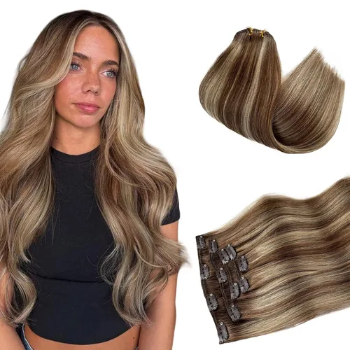 Miniatura 42 de Extensiones de cabello rubio ceniza con reflejos, extensiones de cabello humano real con clip, de 12 pulgadas, 2.47 onzas, doble trama, invisible