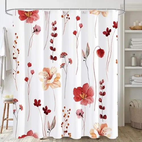 Miniatura 45 de Gibelle Cortina de ducha con estampado floral de acuarela, cortina de ducha retro naranja azul marino para baño, juego de cortina de ducha moderna