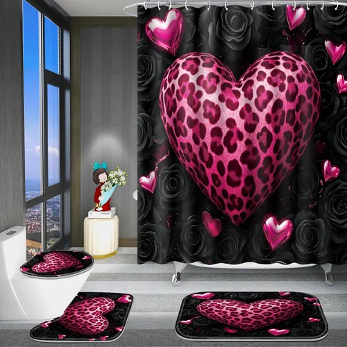 Miniatura 10 de Poedist - Juego de cortinas de ducha para baño, 4 piezas, estampado de leopardo rosa, estilo brillante, incluye cortinas de ducha y tapetes