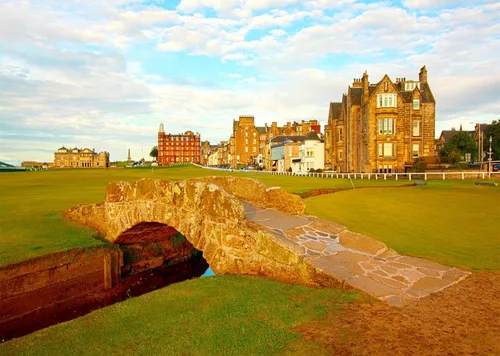 Miniatura 2 de Telón de fondo de tela de 15 x 10 pies para fotografía de campo de golf antiguo de Escocia Swilcan Bridge al atardecer, hermoso fondo británico