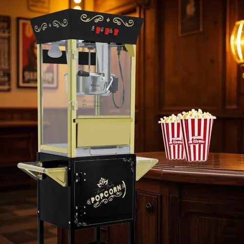 Miniatura 3 de Máquina de palomitas de maíz de 12 onzas con carrito, máquina de palomitas vintage con soporte, ruedas, hervidor de acero inoxidable, cajón de Negro