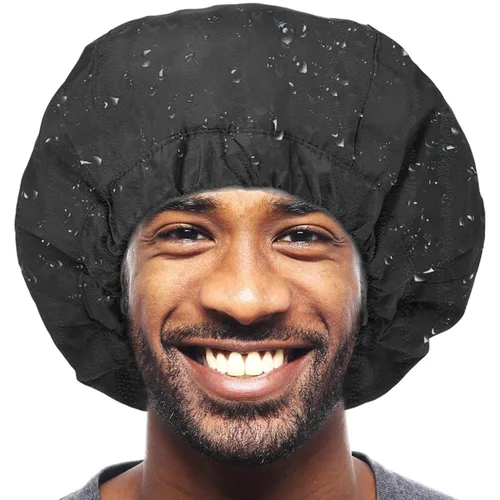 Miniatura 7 de Gorro de ducha para hombre, gorro de baño negro, reversible, con forro de rizo, grande, impermeable, ajustable, banda elástica, dobladillo elástico