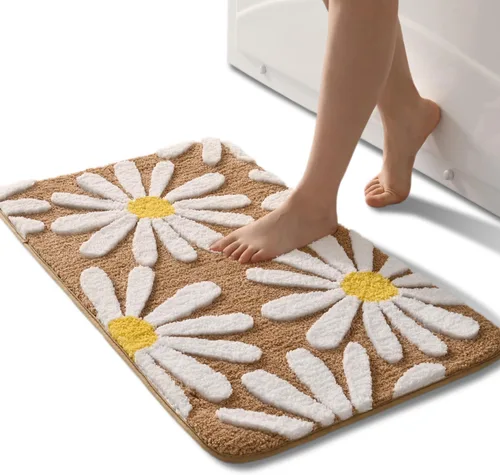 Miniatura 28 de QJHOMO Alfombra de baño azul con diseño de margaritas, decoración de flores blancas y amarillas, alfombra antideslizante de microfibra, súper Azul