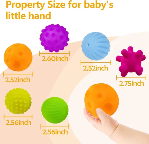 Miniatura 7 de Pelotas sensoriales para bebé, 6 juguetes sensoriales texturizados para niños pequeños de 1 a 3 años BPA-Free, Bright Colors, Easy-Grip Shapes
