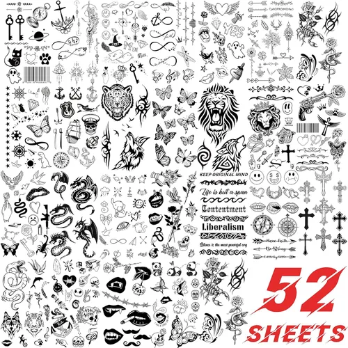 Miniatura 6 de EGMBGM 52 hojas de tatuajes temporales pequeños para niños, niños y niñas, tatuajes tribales de animales, mariposas, anclas, brújulas, pegatinas
