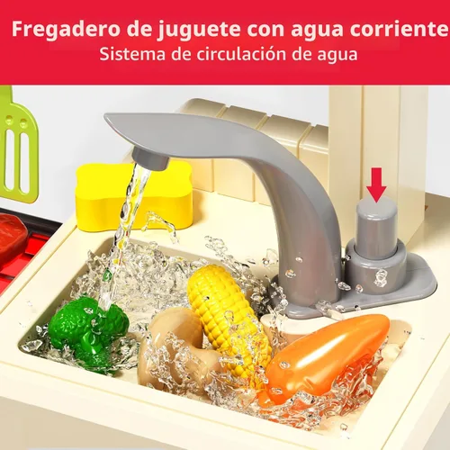 Miniatura 4 de Pupu Pig Juego de cocina para niños, cocina de juego con estufa, parrilla, fregadero, comida de juguete, accesorios de cocina, cocina con luces Play