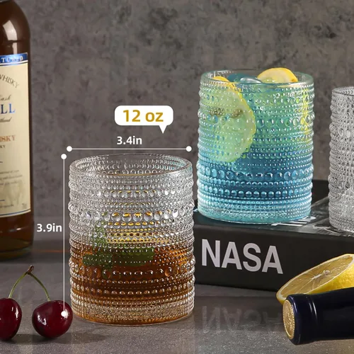 Miniatura 2 de Amyoole Juego de 6 vasos para beber Hobnail de 12 onzas, cristalería vintage transparente en relieve con vaso de agua, vasos de cóctel para cerveza