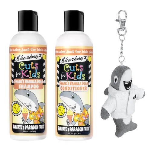 Champú y acondicionador para niños con aroma a vainilla de Sharkey con clip de mochila de felpa Baby Shark o clip para lonchera – sin sulfatos y sin