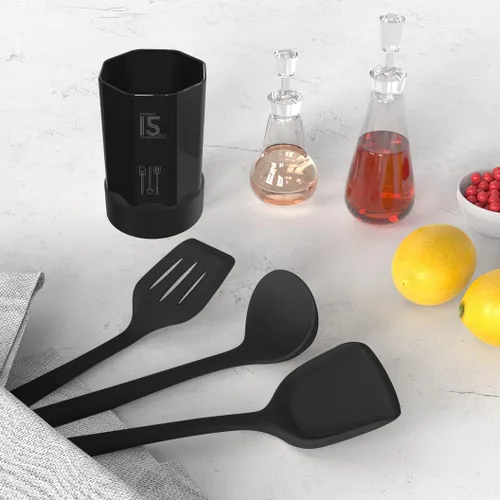 Miniatura 9 de AOTHOD Juego de utensilios de cocina de silicona, resistentes al calor, pinzas giratorias, espátula, cuchara, cepillo, batidor, juego de Negro