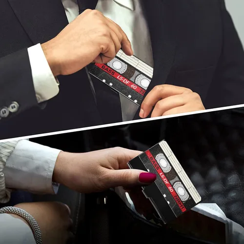 Miniatura 6 de ALAZA Titular de la tarjeta de visita de la vendimia de la música del casete de audio de cuero de acero inoxidable delgado bolsillo cartera