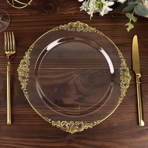 Miniatura 19 de Tableclothsfactory Paquete de 10 platos redondos de plástico barroco dorado de 8 pulgadas para ensalada de postre, vajilla desechable con borde