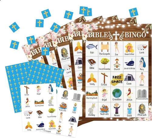 Juegos de cartas de bingo de la Biblia, suministros de fiesta de juego de iglesia dominical cristiana, recuerdos, decoraciones, regalos - Juego de