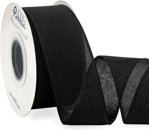 Ribbli - Cinta de lino negro con alambre, 1-1/2 pulgadas x 10 yardas, cinta de arpillera con alambre para coronas, lazos grandes, envolver regalos,