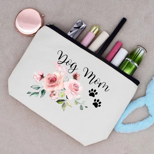 Miniatura 5 de LIBIHUA Bolsa de maquillaje para mujer, bolsa de cosméticos regalos para ella, bolsa de viaje femenina, Beige, 328-perro mamá