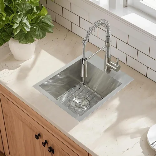Miniatura 7 de 15x15 Inch Drop In Bar Sinks, Top Mount Handmade Single Bowl Small Kitchen Sink, 16 Gauge Stainless Steel Brushed Nickel for Wet Bar Prep RV Outdoor