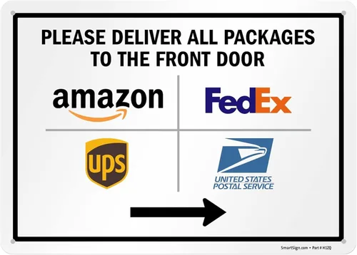 Miniatura 8 de SmartSign Letrero de metal con texto en inglés "Please Deliver All Packages to The Front Door" de 10 x 14 pulgadas, con flecha izquierda y Letrero