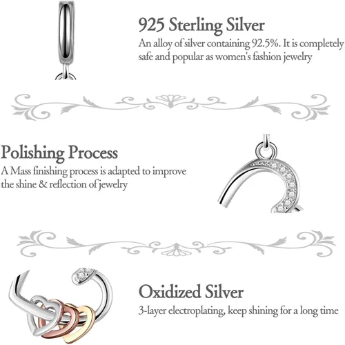 Miniatura 4 de Abalorio de corazón a corazón de plata de ley 925 para pulseras, collares, joyas, Plata esterlina