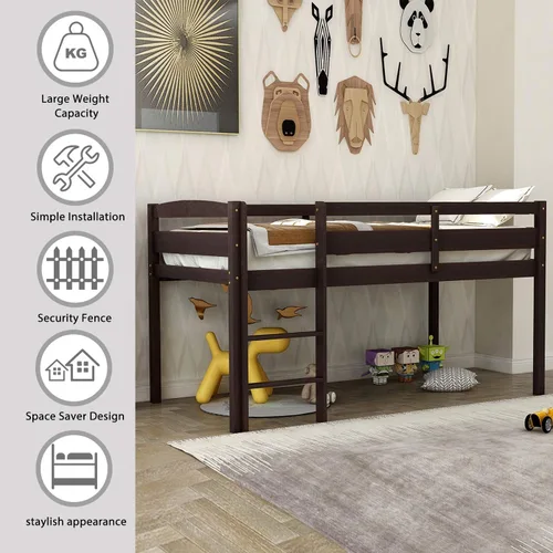 Miniatura 6 de Merax Junior's - Cama baja tipo loft baja de madera maciza para niños, no necesita somier (espresso)