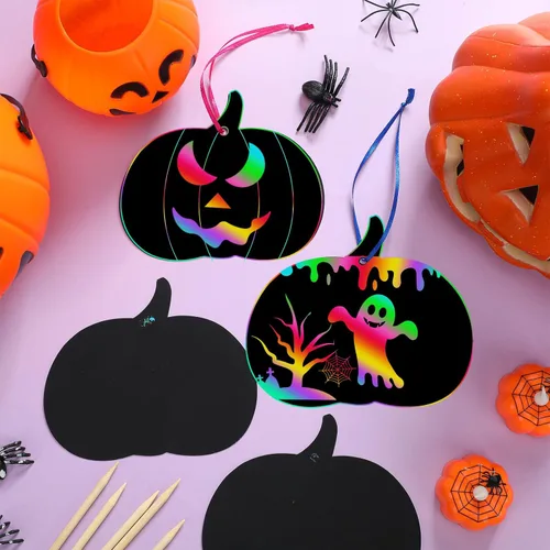 Miniatura 4 de Jenaai Juego de 150 manualidades de papel de Halloween para rascar, 50 tarjetas de rascar de calabaza, 50 palos de madera, 150 cintas para arte
