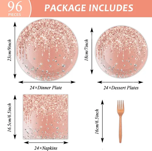 Miniatura 2 de Tevxj Juego de vajilla de cumpleaños de 96 piezas en rosa y oro rosa, vajilla desechable para cena, platos de postre y servilletas, tenedores