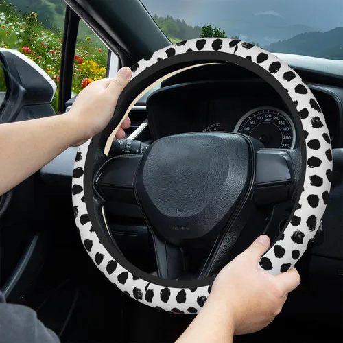 Miniatura 4 de Funda de volante con puntos negros abstractos, protector elástico antideslizante para volante, decoración interior de automóvil para mujeres