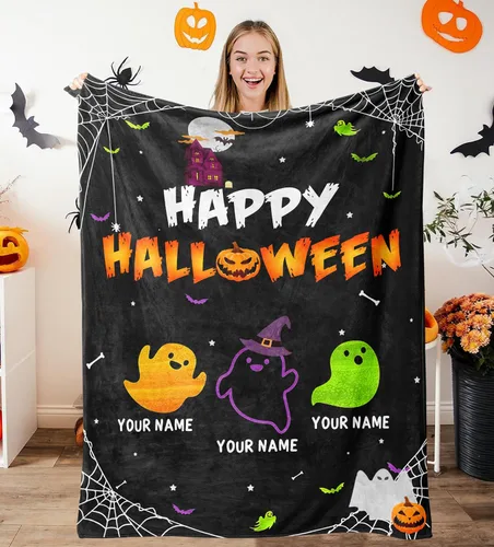 Manta de Halloween personalizada con nombre, mantas de Halloween personalizadas para niños, Halloween personalizada para niños y niñas, bonita manta