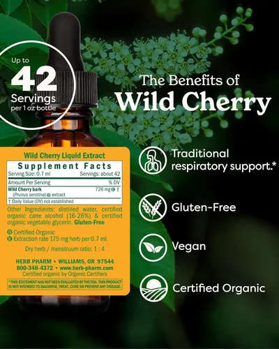 Miniatura 2 de Herb Pharm Extracto líquido orgánico certificado de corteza de cereza silvestre para apoyo respiratorio - 1 onza