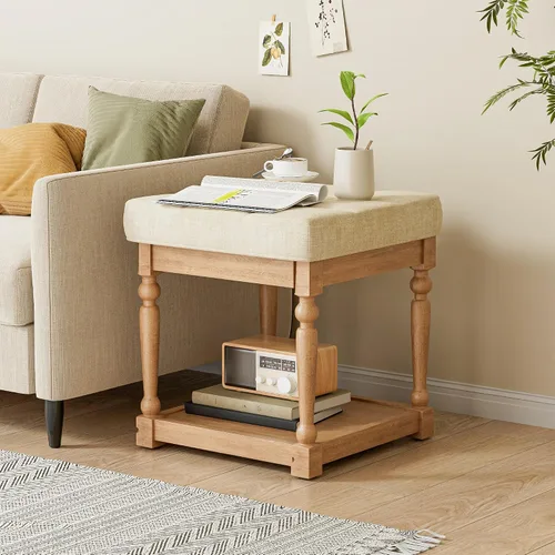 Miniatura 4 de UEV Juego de 3 mesas de café otomanas, juego de mesa de madera para sala de estar, incluye 2 mesas auxiliares tapizadas, mesita de noche, patas