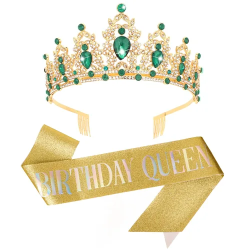 Miniatura 14 de CAVETEE Tiara y banda de cumpleaños barroca, Diamante falso Dorado