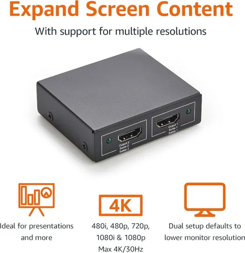 Miniatura 2 de Amazon Basics - Divisor HDMI 1 en 2 salidas, 4K@30Hz para monitores duales, solo duplica la imagen, negro