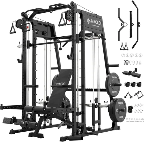 Miniatura 14 de Máquina de Smith Mikolo, banco de sentadillas de 2200lbs con sistema de tracción LAT y máquina de cruce de cables, equipo de entrenamiento con Rojo