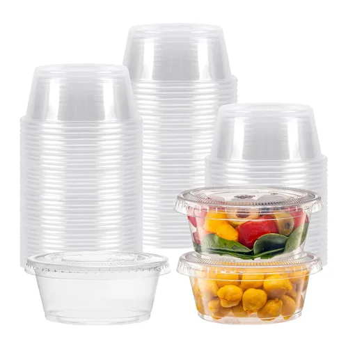 Miniatura 10 de TashiBox 4 oz vasos de plástico/porción tazas/tazas de souffle con tapas desechables, 100 conjuntos