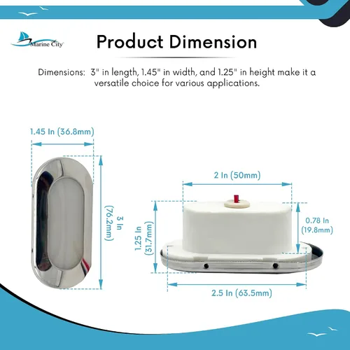 Miniatura 5 de MARINE CITY Luz de cortesía ovalada LED IP66, 24V 1.5W, acero inoxidable 304, impermeable, blanco suave