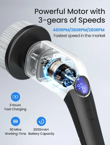 Miniatura 4 de KEIMI Limpiador eléctrico giratorio, cepillo de limpieza de ducha inalámbrico con 8 cabezales de cepillo reemplazables, 3 velocidades, mango
