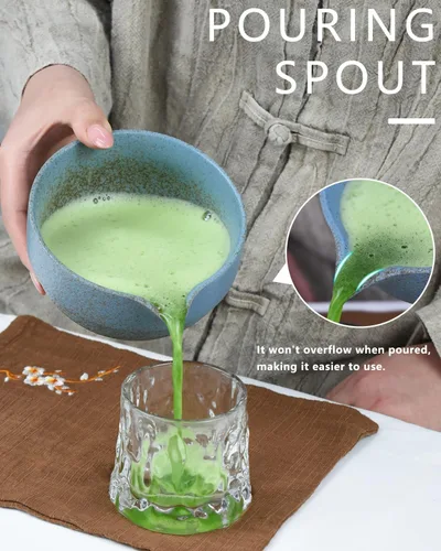 Miniatura 5 de Artcome Juego de té Matcha de alta calidad, cuenco de cerámica hecho a mano de 17 onzas con esmalte reactivo azul, batidor de bambú, cuchara