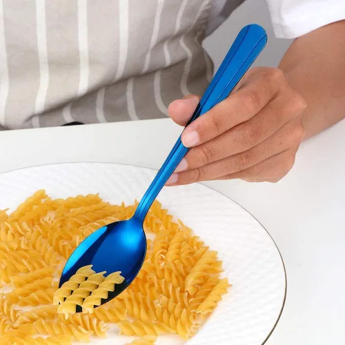 Miniatura 2 de MINGYU Juego de 12 cucharas de acero inoxidable, elegantes cucharas de sopa azules, cucharas de mesa de 7 pulgadas, cucharas de titanio