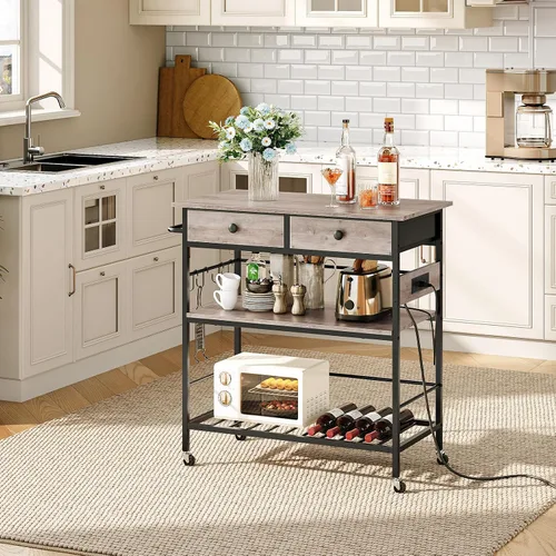 Miniatura 2 de HOOBRO Isla de cocina con almacenamiento, carrito de isla rodante para cocina con 2 cajones y tomacorriente, estación de café de 3 niveles y soporte