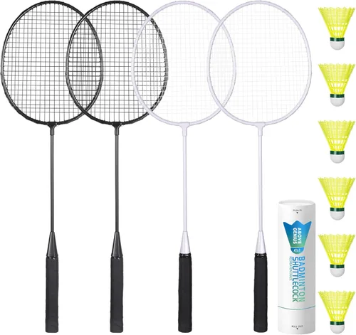 AboveGenius Juego de 4 raquetas de bádminton para juegos al aire libre, incluye 4 raquetas, 6 volantes de bádminton de nailon, raquetas de bádminton