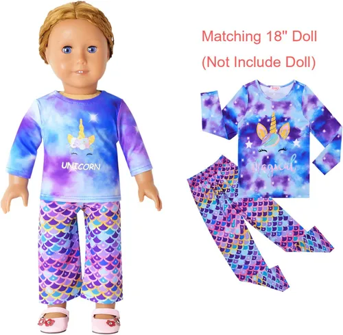 Miniatura 95 de QPANCY Conjunto de pijamas a juego para niñas y muñecas, pijamas de manga larga para otoño e invierno