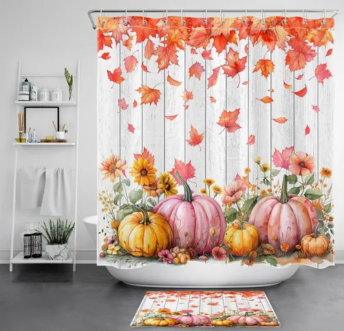 Miniatura 17 de HVEST Cortina de ducha con ganchos, calabaza espeluznante y fantasma con sombrero de bruja negro, juego de cortina de ducha naranja con flores