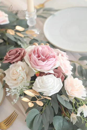 Miniatura 3 de Floroom Guirnalda de eucalipto artificial de 6 pies con flores, vegetación falsa, guirnalda de vid floral sintética para decoración de mesa, centros