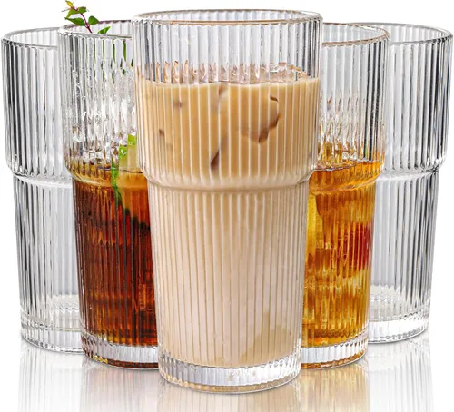 Miniatura 8 de Juego de 6 lindos vasos de vidrio acanalados, vaso de vidrio transparente vintage de 14 oz, estilo origami, diseño acanalado, ideal para agua, café
