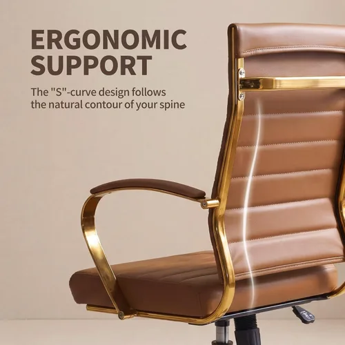 Miniatura 3 de Okeysen Silla de escritorio de oficina dorada, sillas ergonómicas de cuero modernas para sala de conferencias, silla ejecutiva acanalada ajustable