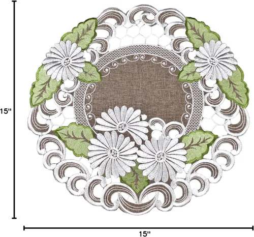 Miniatura 6 de LINENS Art and Things - Mantel individual bordado perlado con hojas verdes sobre marrón (redondo de 15 pulgadas)