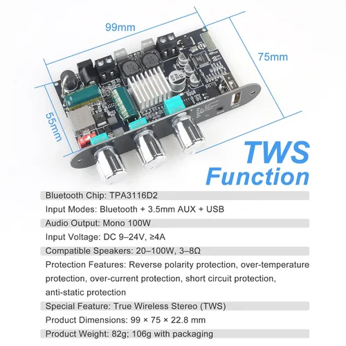 Miniatura 5 de 2 unidades de placa de amplificador mono ZK-1001U con TWS, salida de potencia de 100 W, amplificador para vehículos con entrada de voltaje amplio