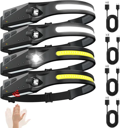 Paquete de 4 faros LED recargables sin ganchos, lámpara de cabeza de haz ancho de 230° con sensor de movimiento, USB C, IPX4 impermeable, 5 modos de